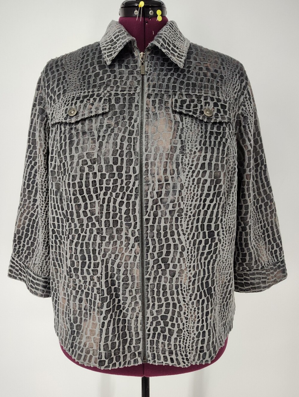 Ruby Rd. Women's 3/4 Sleeve Grey Furry Croc-Print Zip Front Jacket Size 22W